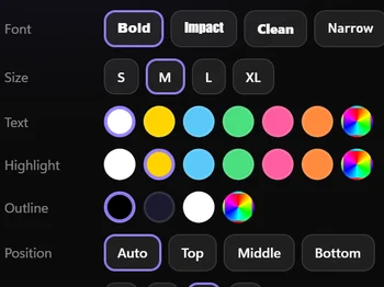 Caption style settings: font, size, text, highlight and outline colours, position